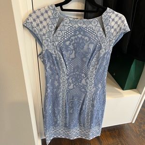 White lace and blue dress